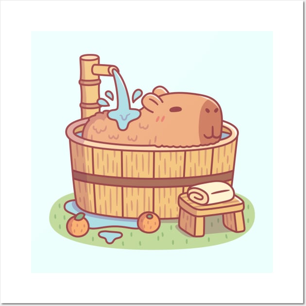 Cute Capybara Relaxing In Wooden Hot Tub Bath Wall Art by rustydoodle